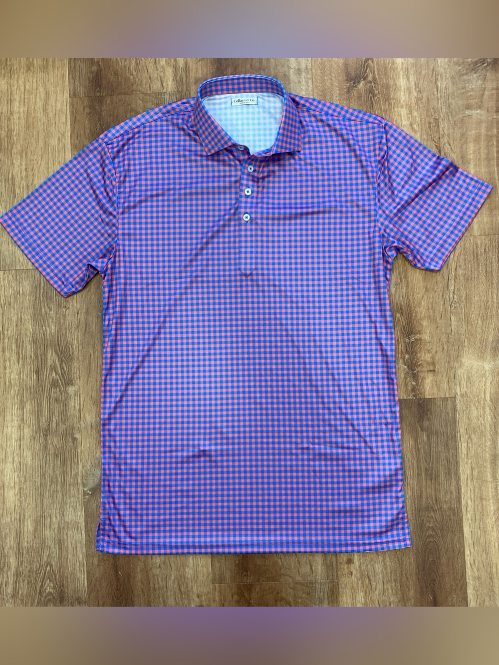 Collars & Co. Mens LT Dress Collar Polo Shirt Blue Pink Gingham Performance
